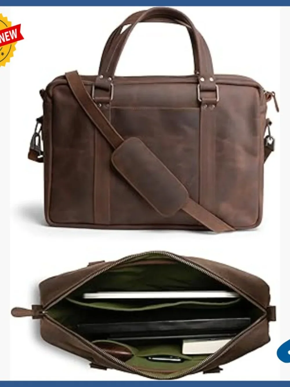 Full Grain Leather Laptop Briefcase with Shoulder Strap for Work
